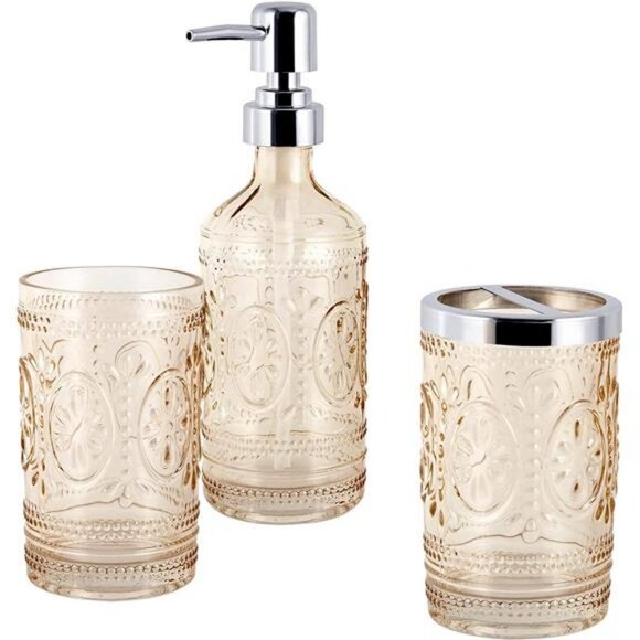 Other - 3-Piece Floral Hedge Tinted Glass Bathroom Accessory Set Blush Pink